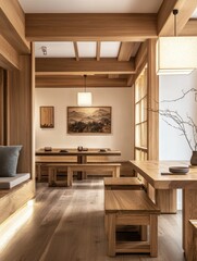 A beautifully designed dining room with wooden features