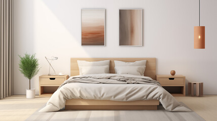 Fototapeta premium Chambre à coucher, plan sur un lit de couleurs claires et épurées, dans les tons blanc et beige. Drap, oreiller, couverture. Décorations, lumières douces. Pour conception et création graphique.