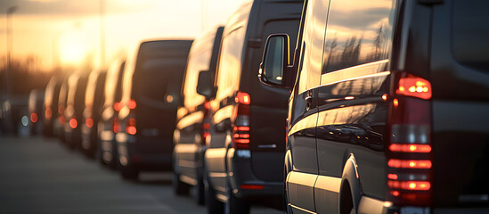Many black luxury vans parked in a row at a car dealership with a close up view of the tail lights against a sunset Fleet of vans for commercial cargo transportation and VIP charters Copy space