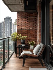 A cozy balcony scene with brick wood and a view