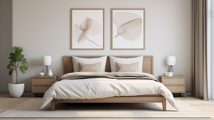 Fototapeta premium Chambre à coucher, plan sur un lit de couleurs claires et épurées, dans les tons blanc et beige. Drap, oreiller, couverture. Décorations, lumières douces. Pour conception et création graphique.