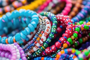 A close-up view of a collection of colorful bracelets