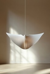 A white bird shaped lamp hanging from the ceiling. The lamp is made of wood and has a white base