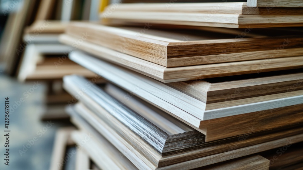 Poster a pile of wooden planks stacked vertically, often used as building material or for construction purp