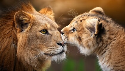 Fototapeta premium Kitten and Lion FacetoFace A Stirring Encounter between Wild and Tame in the Heart of the African Savannah at Dusk