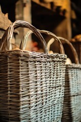 A row of wicker baskets sitting on a wooden table, great for rustic or farmhouse-themed settings