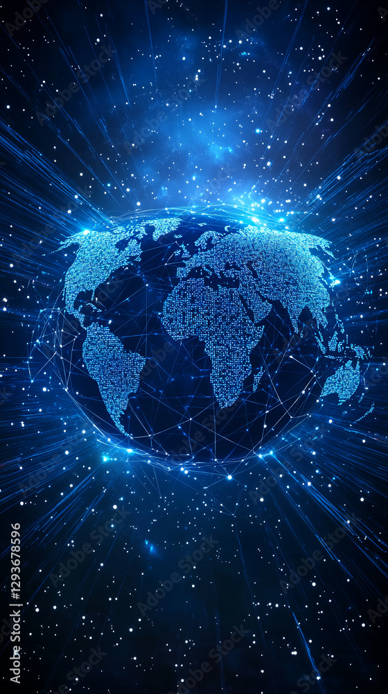 Poster A digital globe with glowing blue lines and dots representing the concept of a connected world, symbolizing global communication, technology, and digital networks.
