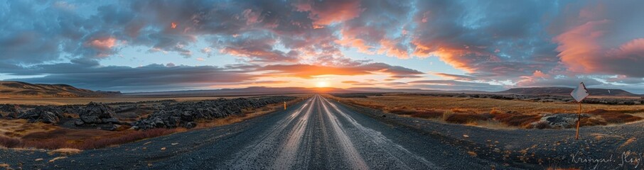 Vibrant Sunset over a Scenic Landscape with a Road Leading to the Horizon
