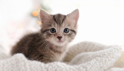 Precious Feline Lounging in a Soft White Heaven, Adorable Kitten Relishing Tranquil Bliss amidst Vibrant Home Decor, Capturing the Essence of a Cozy Winter Evening.