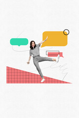 3d vertical image artwork collage of happy girl stand cloud speech message notification...