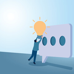 A man places a lamp near the chat icon. Illustration for suggestions, criticisms and tips and tricks.