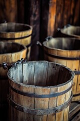 A collection of wooden buckets arranged neatly beside one another