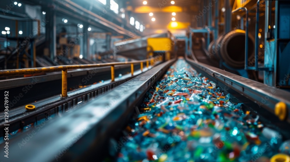 Poster a bustling recycling facility features a wide conveyor belt filled with various colorful plastic mat