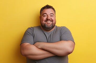 Happy Man with Arms Crossed Against Yellow Background
