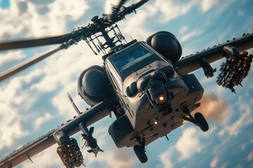 A military helicopter soars through a cloudy sky