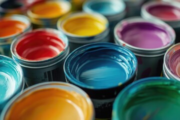 A close-up shot of various paint cans with different colors and labels