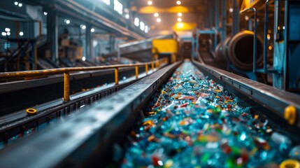 A bustling recycling facility features a wide conveyor belt filled with various colorful plastic materials being sorted and processed in a large industrial environment.