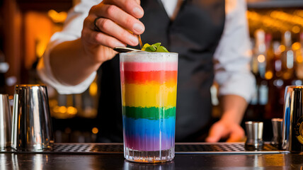 Rainbow Cocktail Creation. A bartender carefully garnishes a vibrant rainbow-layered cocktail at a bar, symbolizing celebration, diversity, and mixology artistry.