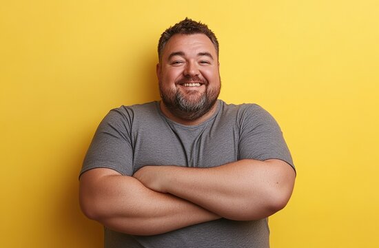 Happy Man with Arms Crossed Against Yellow Background