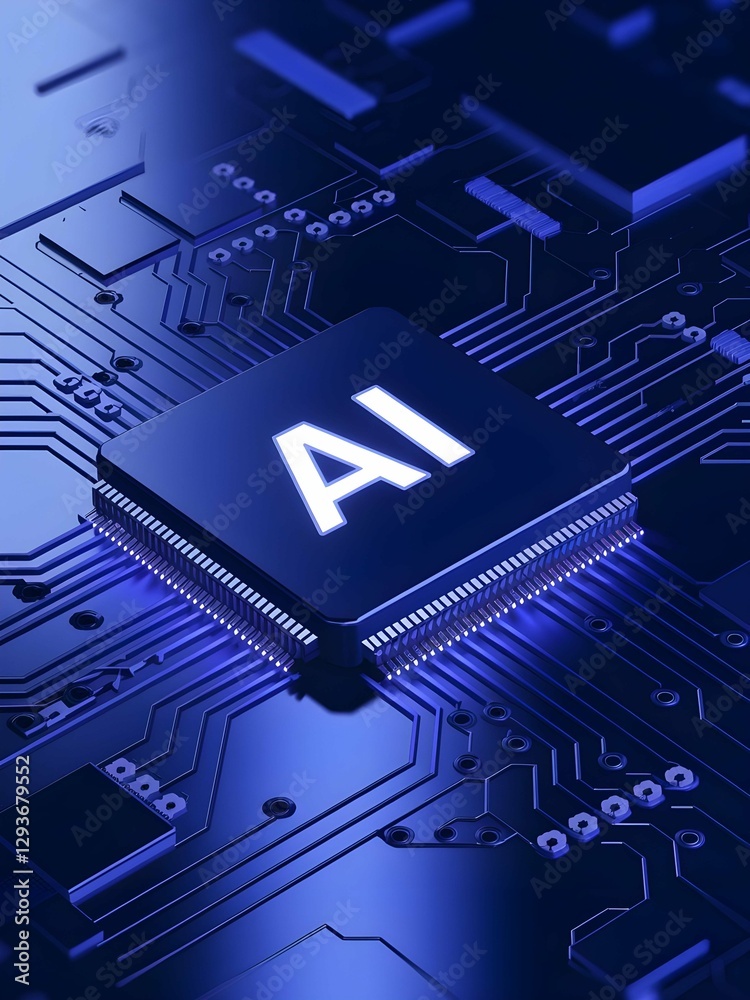 Poster national ai day, a glowing ai chip on a detailed circuit board, symbolizing artificial intelligence,