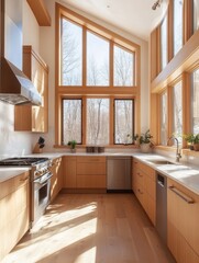 Fototapeta premium Modern kitchen with a very big window and light colors