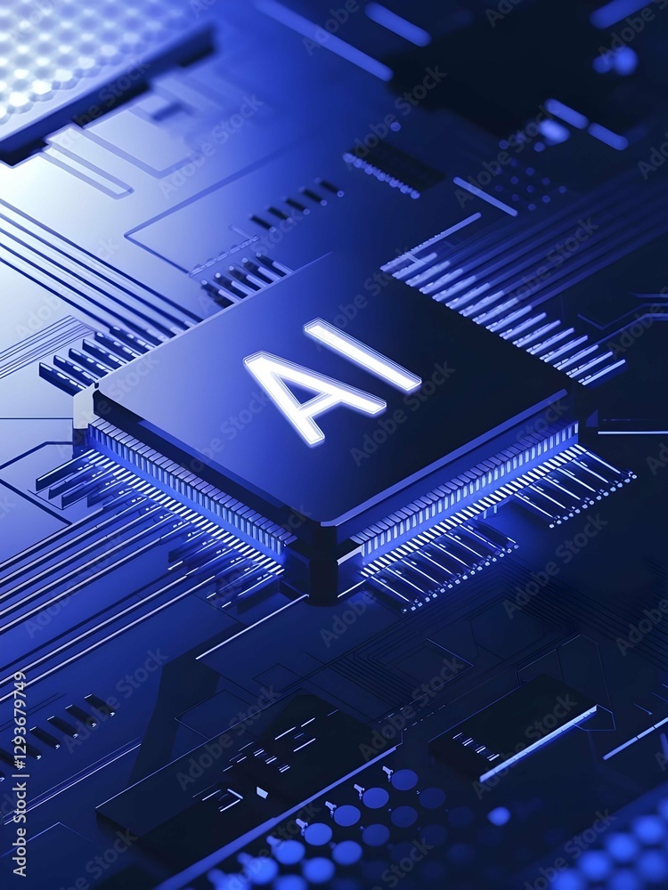 Poster National Ai Day, A glowing AI chip on a detailed circuit board, symbolizing artificial intelligence, advanced technology, and the future of computing