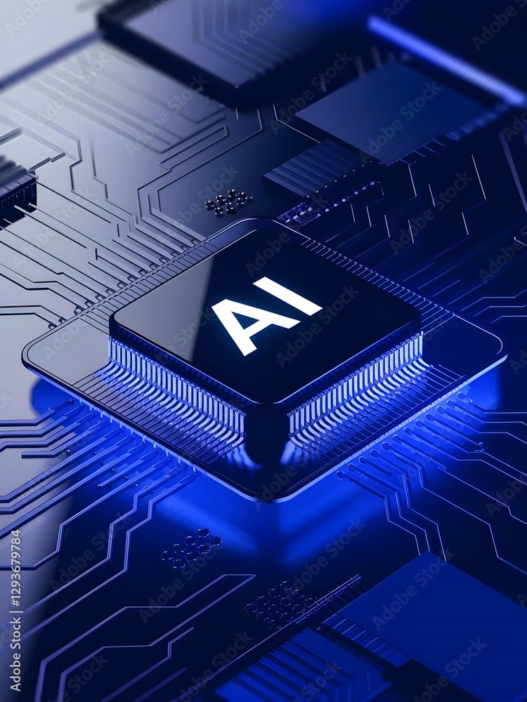 Poster National Ai Day, A glowing AI chip on a detailed circuit board, symbolizing artificial intelligence, advanced technology, and the future of computing