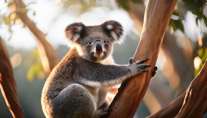 Naklejka premium Serene Mornings in Australia A Wild Koala Resting Peacefully Amongst the Eucalyptus, Capturing the Tranquility of an Australian Bush Dawn.