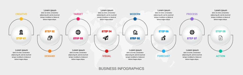Circle vector infographic template with 8 steps and options for annual reports, presentations, advertising, chart. Modern business illustration.