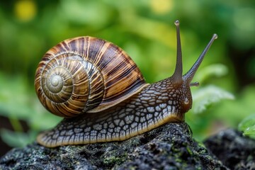 A close-up shot of a snail on a rock, highlighting its slimy trail and unique shell