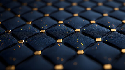 Fototapeta premium Luxurious Quilted Texture: A close-up shot of a plush, quilted surface featuring a rich, dark blue hue adorned with metallic gold accents, showcasing intricate detail and opulence. 