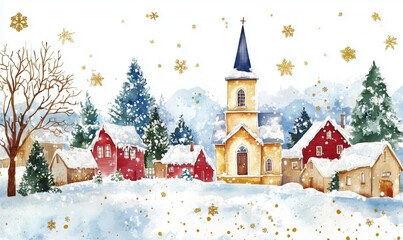 Fototapeta premium Winter village scene with snow-covered houses and church in watercolor style