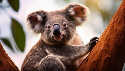 Naklejka premium Koala in a Gum Tree Serene Moment with an Iconic Aussie Mascot Amidst Green Leaves and Golden Sunlight, Capturing the Peaceful Australian Bushland