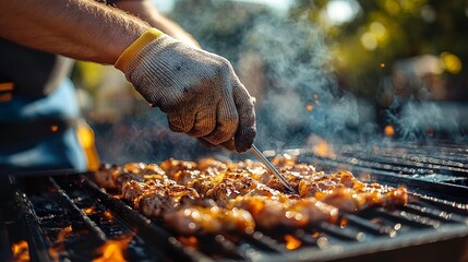 Grilling meat on barbecue with flames and smoke