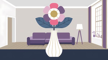 Modern Illustration of a Pink and Purple Flower in a White and Gold Vase in a Cozy Living Room