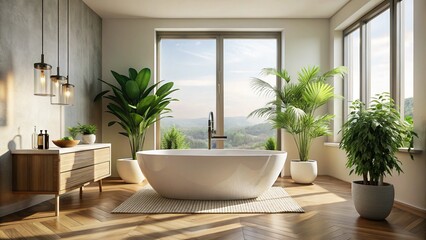 Modern Minimalist Bathroom Interior Design with Freestanding Tub and Large Window