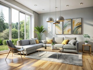 Fototapeta premium Modern Minimalist Living Room Interior Design with Large Windows and Comfortable Sofa