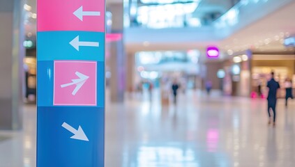Brightly Lit Modern Mall Interior with Colorful Directional Arrows