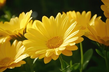 Fototapeta premium Bright yellow flowers bask in sunlight, showcasing vibrant petal