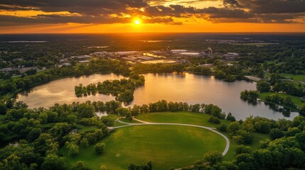 Aerial view of a serene park at sunset with a lake, lush greenery, and city skyline in background