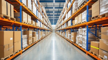 A detailed view of a lengthy aisle lined with numerous stacked boxes, showcasing an organized storage or warehouse environment.