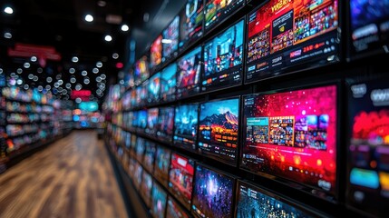 Colorful screens display various digital content in a row