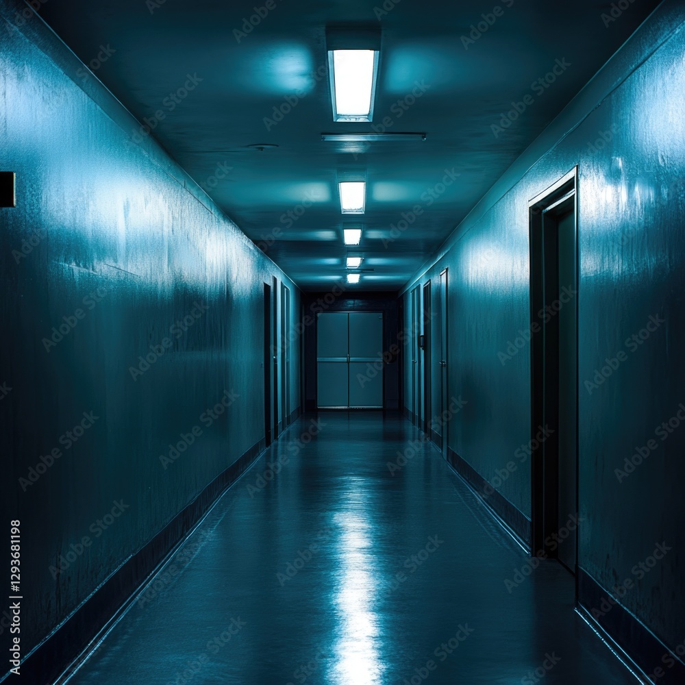 Poster a long, dark hallway with a single light source at the far end