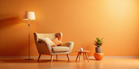 Fototapeta premium Pastel Orange Monochrome Room: 3D Render of Armchair & Idea Lamp