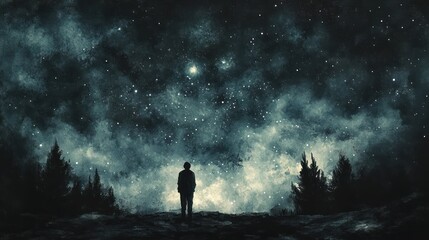 Man Contemplating Starry Night Sky