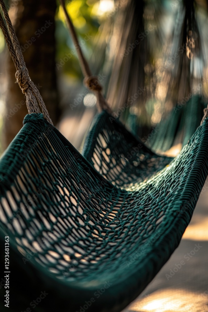 Poster a green hammock hangs from a tree branch, ready for relaxation