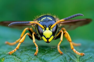 A close-up shot of a wasp sitting on a leaf, providing a detailed view of the insect's body and surrounding foliage