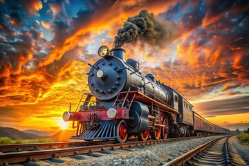 Obraz premium Powerful Steam Locomotive Engine on Railway Tracks at Sunset