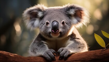 Naklejka premium Koala in Australian Bushland, Serene and Warmhearted, Capturing the Enchanting Moment of a Cuddly Koala Amidst the Lush Green Eucalyptus Forest at Sunrise