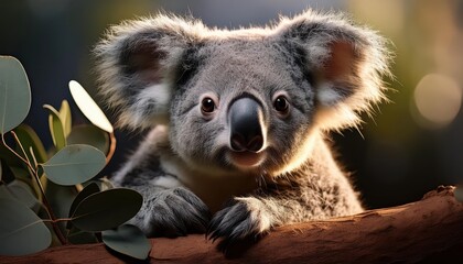 Obraz premium Koala Resting Amongst Gum Trees in a Morning Mistfilled Australian Forest, Capturing the Peaceful and Serene Mood of Early Morning Down Under.